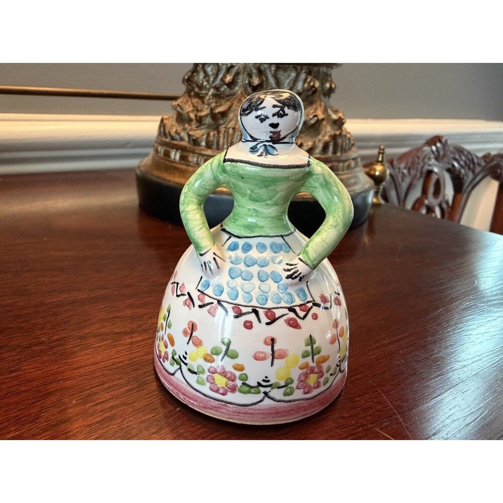 Vintage Spanish Folk Art Signed Pottery Lady Dinner Bell 3" Tall Signed